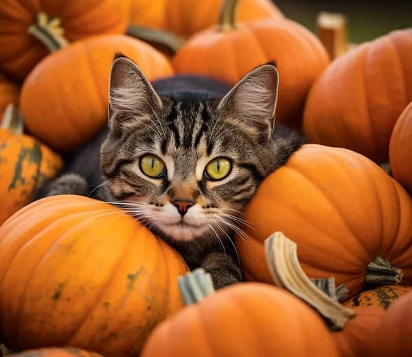 Chat au milieu des citrouilles d'Halloween