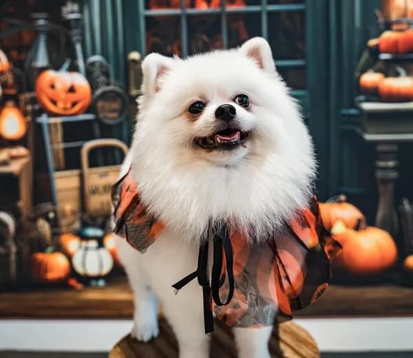 Chien en tenue d'Halloween au milieu des citrouilles