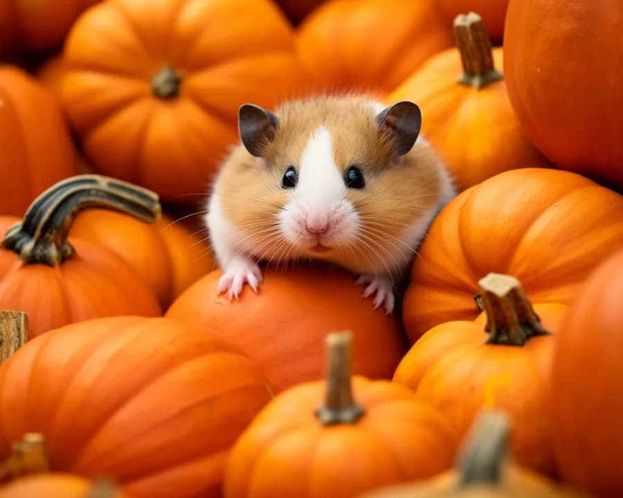 Hamster au milieu des citrouilles pour Halloween